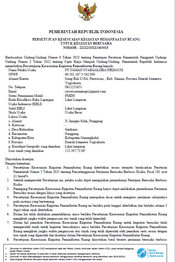 Persetujuan Kesesuaian Kegiatan Pemanfaatan Ruang untuk kegiatan Berusaha